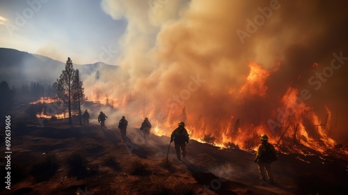 the spirit of teamwork as firefighters collaborate to extinguish a wildfire
 photo