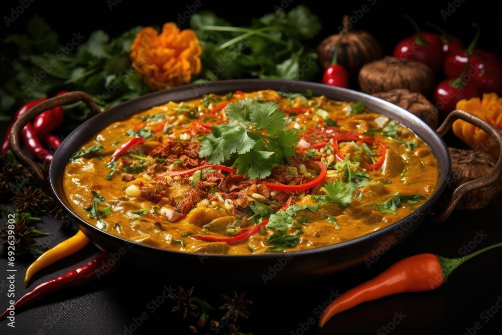 Colorful and aromatic curry dish with a variety of spices and herbs, a tantalizing and exotic culinary experience