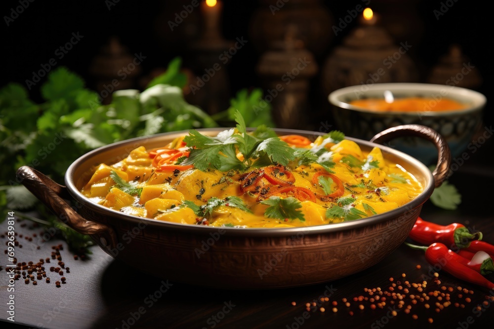 Colorful and aromatic curry dish with a variety of spices and herbs, a tantalizing and exotic culinary experience