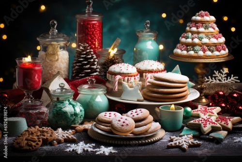 Colorful and festive holiday dessert table with a variety of sweet treats, cakes, and cookies, a joyful and celebratory scene for festive occasions