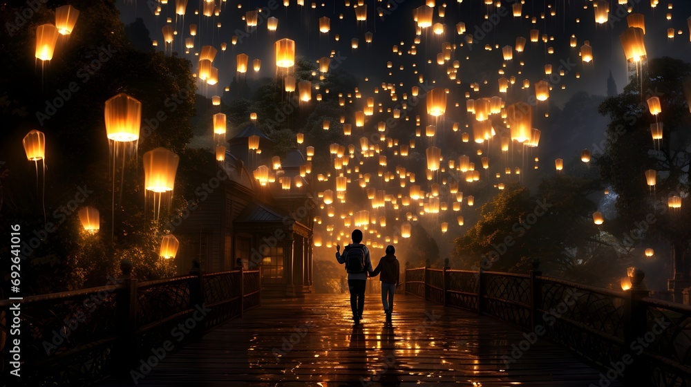 A lantern-lit passage: Depict a traveler walking down a dimly lit path illuminated by lanterns shaped like hearts, symbolizing the warmth and light that love brings
