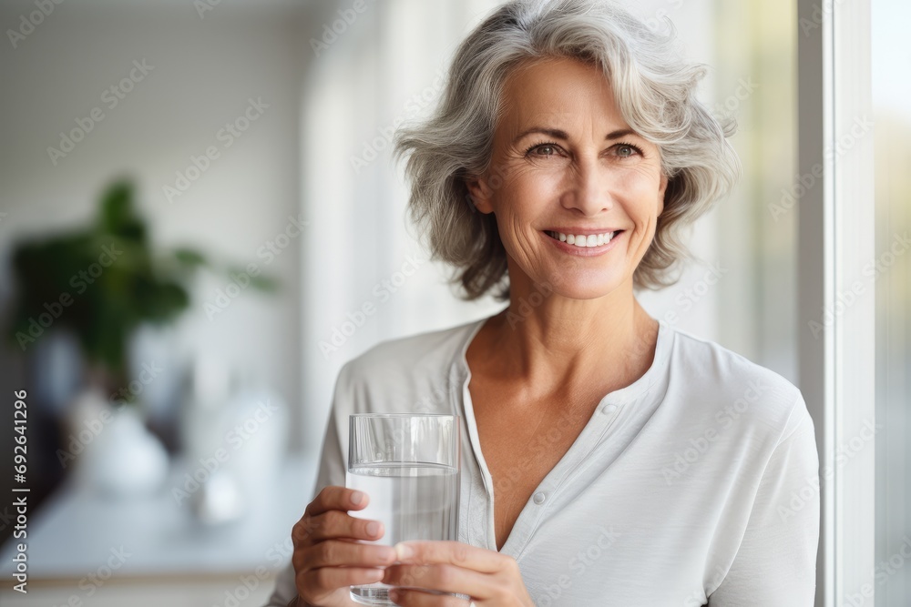Senior woman holding a glass of water and showing medication, emphasizing health and well-being in her home. Senior woman holding a glass of water and showing medication, emphasizing health and well-being in her home.
