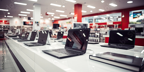Inside a modern computer store with laptops on counter, showcasing a variety of digital products for customers. photo