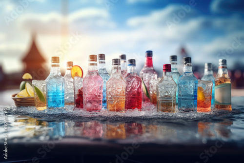 A variety of colorful drinks in bottles and glasses, offering a refreshing and vibrant selection for a summer party.