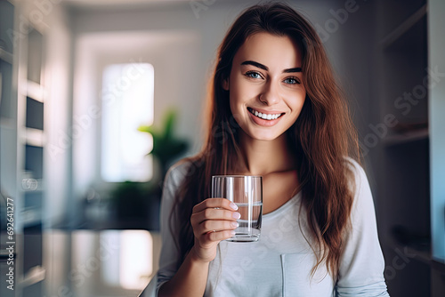 Young woman with a happy smile holding a glass of mineral water  showcasing a healthy and refreshing lifestyle.