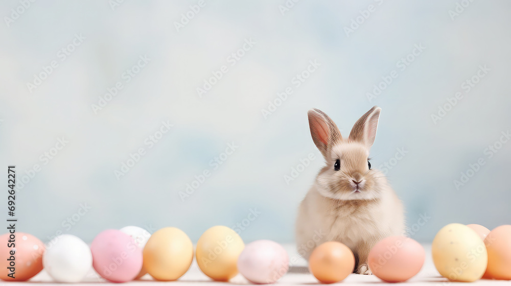 Cute Easter bunny with eggs and flowers on light blue backgound Cute Easter bunny with eggs and flowers on light blue backgound