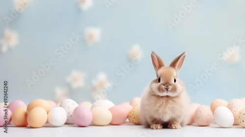 Cute Easter bunny with eggs and flowers on light blue backgound © Natalia
