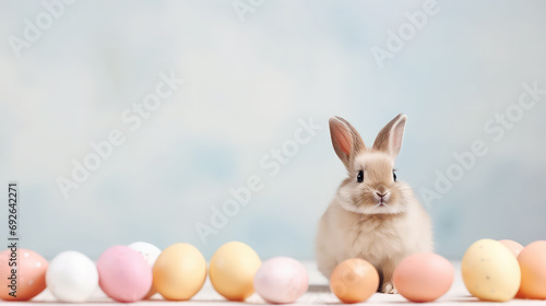 Cute Easter bunny with eggs and flowers on light blue backgound