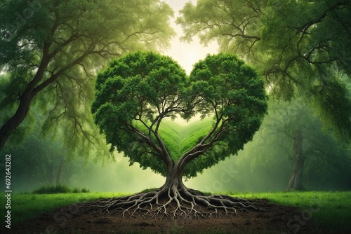 green tree in heart form, reflecting nature fondness and wholesome unity, love arboreal emblem photo