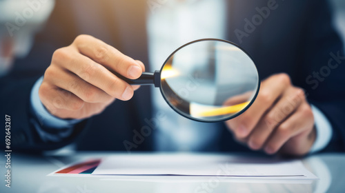 A man examines business documents with a magnifying glass