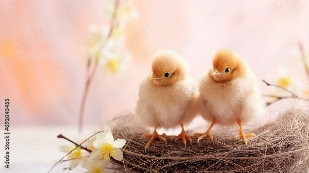 Cute Easter chickens in the nest spring blossom peach fuzz light background