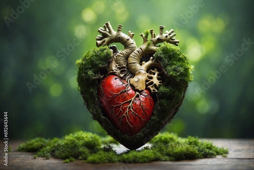 detailed close-up captures roots, moss, and human heart in natural harmony, illustrating planet conservation and unity with nature, heartland harmony