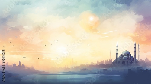An artistic Eid greeting card background, featuring a watercolor mosque silhouette, and a large empty area for writing. photo