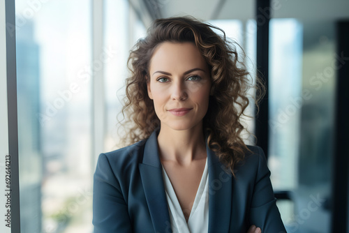 Retrato de una hermosa empresaria caucásica posando junto a la ventana en una oficina de gran ciudad con rascacielos. Exitosa gerente de negocios mujer. CEO sonriente, mirando a la cámara. 