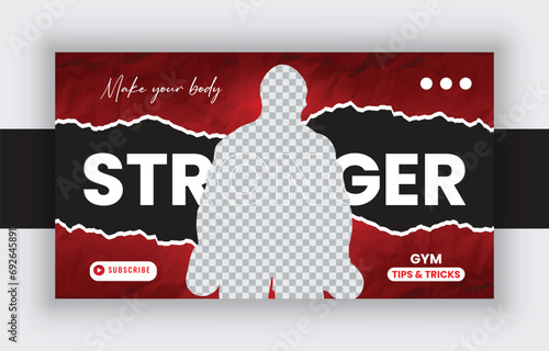 Gym and fitness YouTube thumbnail design for any video. Video cover photo template for social media.