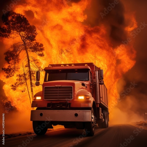  A gripping photograph showcasing the battle against a rampant wildfire, with firefighters and their firetruck at the forefront 
