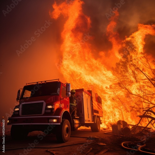  A gripping photograph showcasing the battle against a rampant wildfire, with firefighters and their firetruck at the forefront 