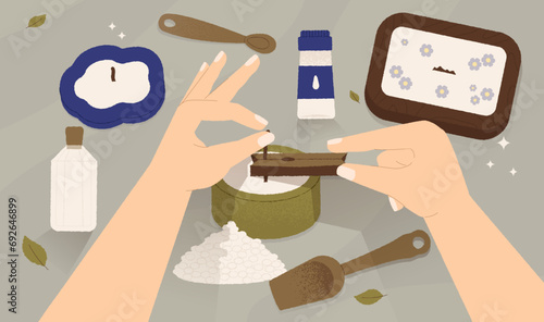 Candle making top view. Cartoon workshop with beeswax wick and tools, creative children hobby making eco homemade decorative light. Vector illustration
