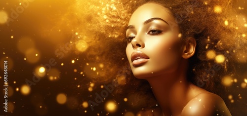 Golden Makeup - Fashion Model Portrait With Gold Skin And Glittering In Shiny Background