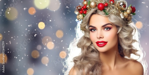 Christmas Model Girl With Xmas Tree HairStyle - Red Make Up And Manicure