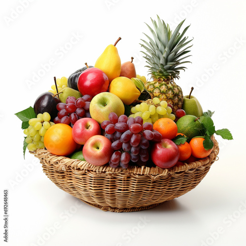 exotic fruits lie in a fruit basket on a white background