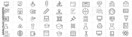 Set of 50 vector education set of web icons in line style. Learning icons for web and mobile app. E-learning, video tutorial, knowledge, study, school, university, webinar, online education.

