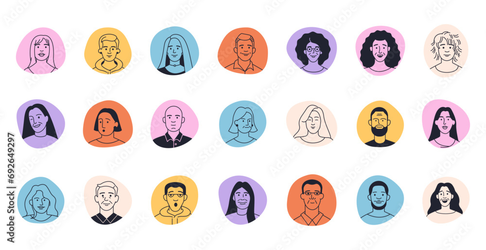 Doodle avatar faces. Cartoon comic character heads with different ...