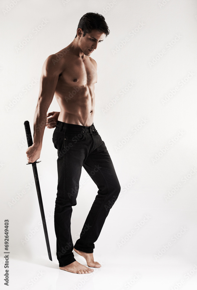 Man, katana or sword with muscle, studio and thinking with vision for conflict, martial arts or fight by white background. Person, ninja or assassin with weapon, steel blade or idea for battle in war