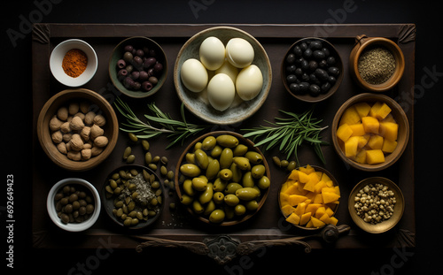 Overhead minimalist photography of a tray with cheese, olives, eggs 4_4