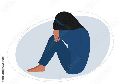 Female character in depression. Upset teen girl or woman with flowing hair. Vector illustration of mental health concept.