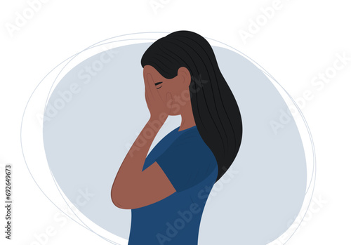 Black female character in depression. Upset teen girl or woman covered her face. Vector illustration. Mental health concept.