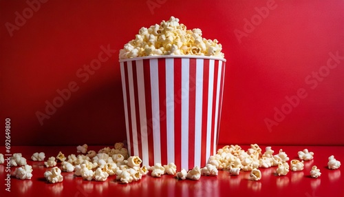 Striped box with popcorn and red background