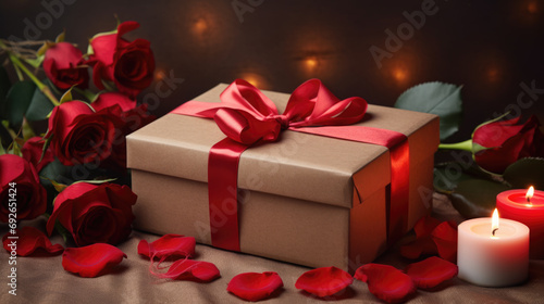 Bouquet of red roses lying next to a gift wrapped in paper © MP Studio