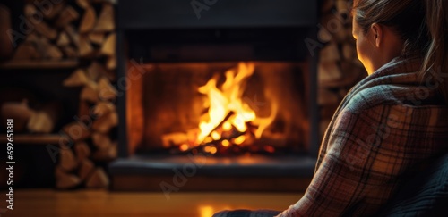 Girl sitting in plaid in front of the fireplace, banner with space for your text