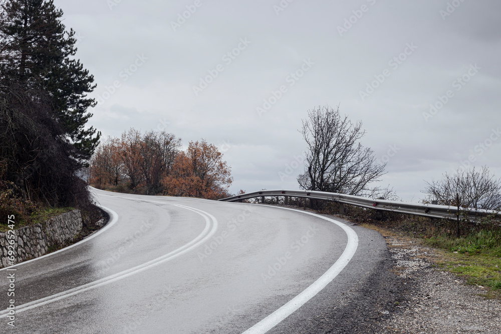 Fototapeta premium Rain on a mountain road (Epirus region, Greece)
