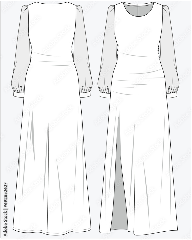SHIMMER MAXI DRESS LONG DRESS WITH FRONT SLIT DETAIL PARTY DRESS DESIGNED FOR WOMEN AND TEEN GIRLS IN  VECTOR ILLUSTRATION FILE - obrazy, fototapety, plakaty 