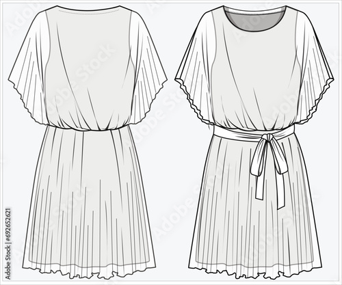 SHIMMER PERMA PLEAT DOLMAN SLEEVES WITH TIE UP BELT DETAIL PARTY DRESS DESIGNED FOR WOMEN AND TEEN GIRLS IN  VECTOR ILLUSTRATION FILE