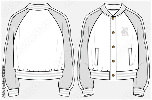 CROP LENGTH VARSITY BOMBER JACKET WITH WELT POCKET DETAIL DESIGNED FOR WOMEN AND TEEN GIRLS IN  VECTOR ILLUSTRATION FILE