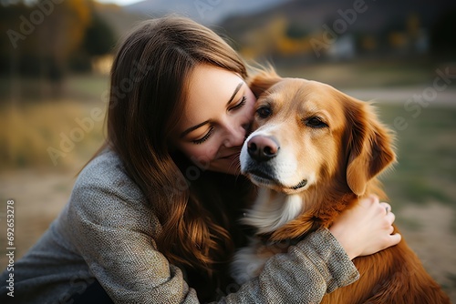 Heartfelt Harmony Woman and Dog Share Tender Embrace in Autumnal Embrace, Illustrating Deep Bond and Warmth of Seasonal Connection. created with Generative AI © photobuay