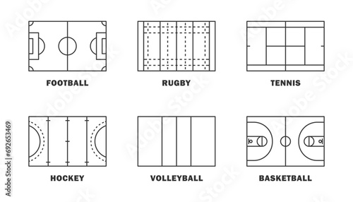 Football, tennis, hockey, basketball, volleyball and rugby field template set. Vector illustration
