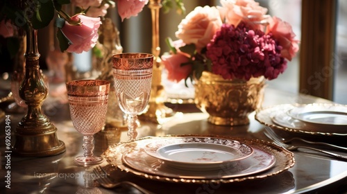 An elegant table setting for an Eid feast, with gold-trimmed plates, crystal glasses, and a centerpiece of fresh flowers.
