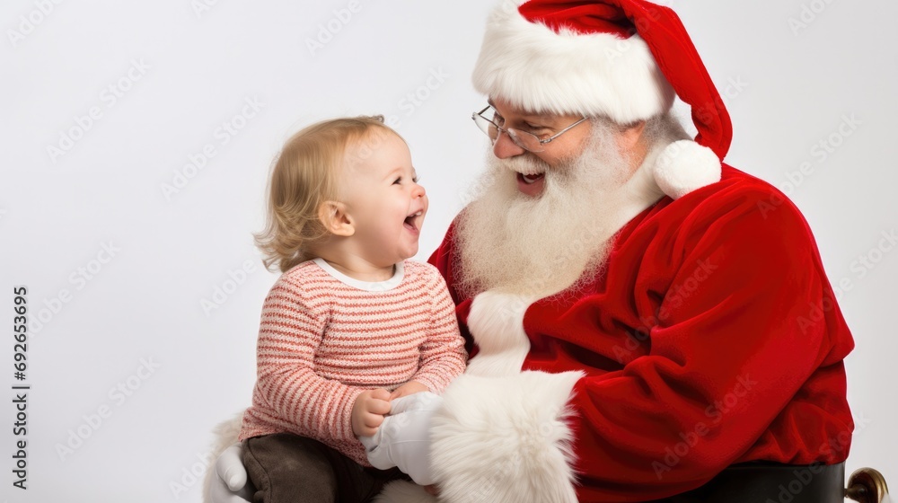 santa claus and a baby seating on his thigh, looking at each other and laughing, happy ambiance, white background santa claus and a baby seating on his thigh, looking at each other and laughing, happy ambiance, white background