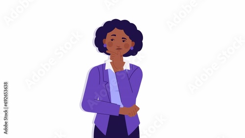 Woman thinking and looking for answer, Eureka. hand gesture, index finger up. Concept of a great idea, brainstorming. Solution of the problem, right decision. 2d character animation