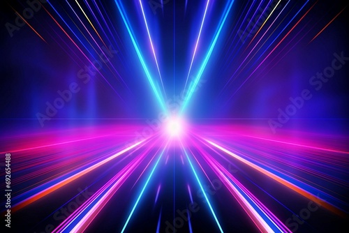 Background of high-speed technology concept  bright abstract background. vision of speeding traffic on the road. Neon blue and purple glow abstract background