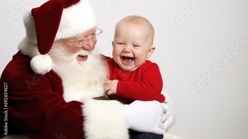 santa claus and a baby seating on his thigh, looking at each other and laughing, happy ambiance, white background