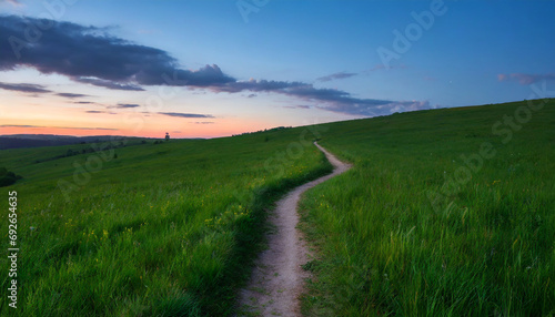 Picturesque winding path through a green grass field in at sunset