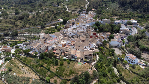 Aerial view of the small town of Benialí, located in the Gallinera valley in the north of Alicante, Spain. Traditional town of the Valencian Community dedicated mainly to agriculture photo