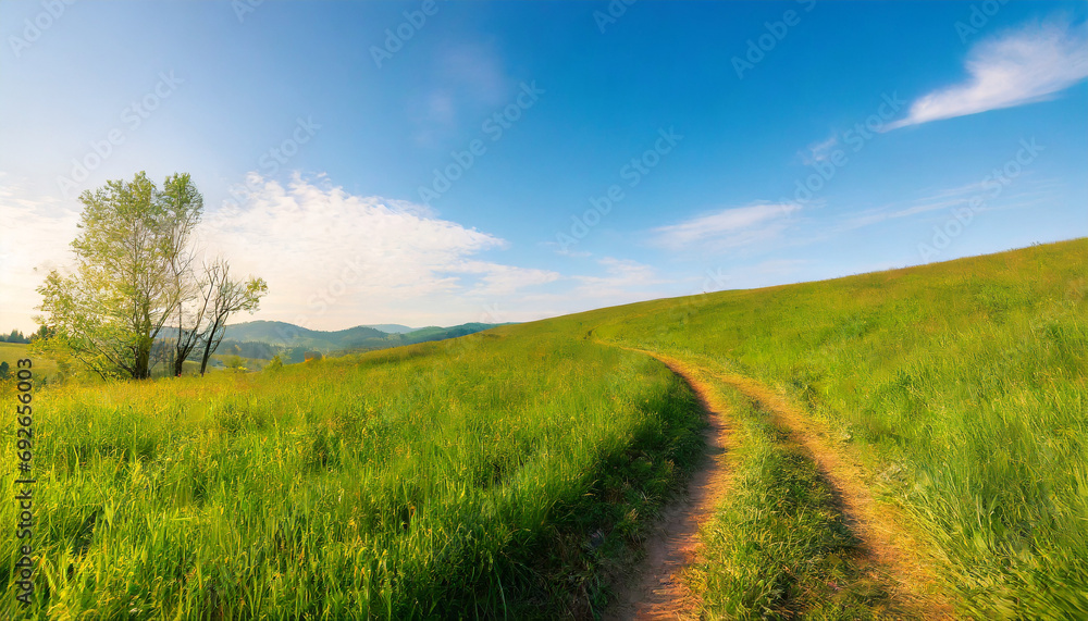Picturesque winding path through a green grass field in hilly area in morning at dawn