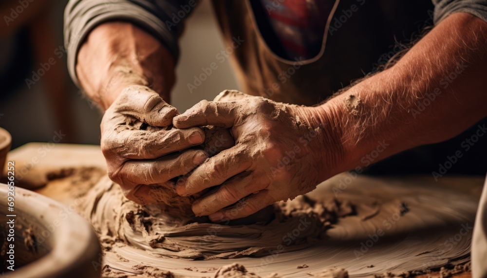 Man Creating Clay Pottery on Potter's Wheel