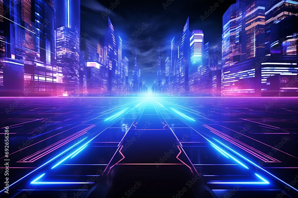 Cyberpunk, digital, internet, cyan blue and purple grids, neon glow light lines design on perspective floor, hi-tech abstract background,